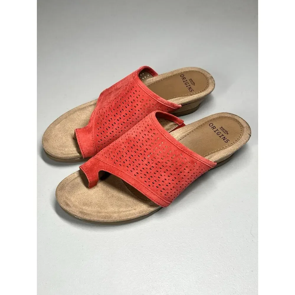 Earth Origins Pico Pearl Suede Wedge Sandals Womens 8 W Red Slip On Perforated - Picture 2 of 8